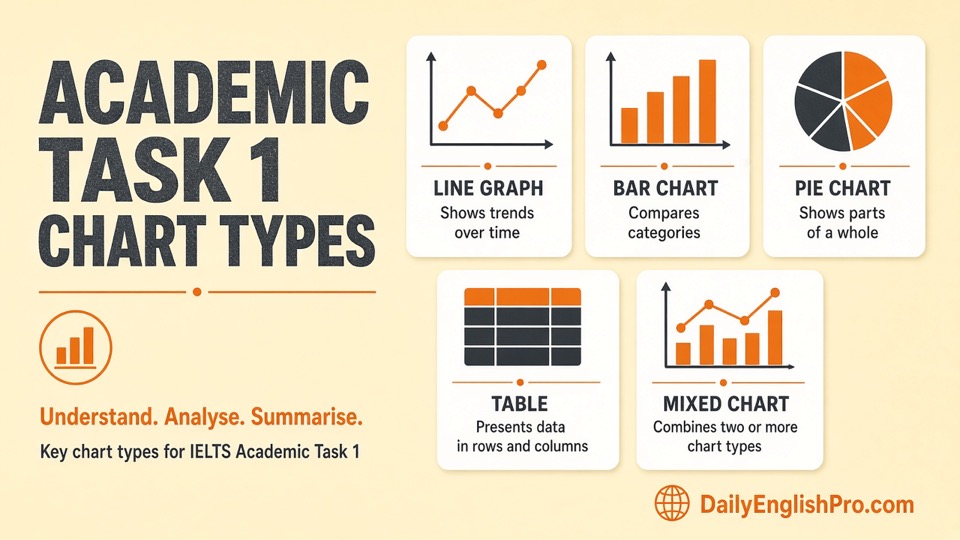 IELTS Academic Task 1 chart types: line, bar, pie, table and mixed diagrams