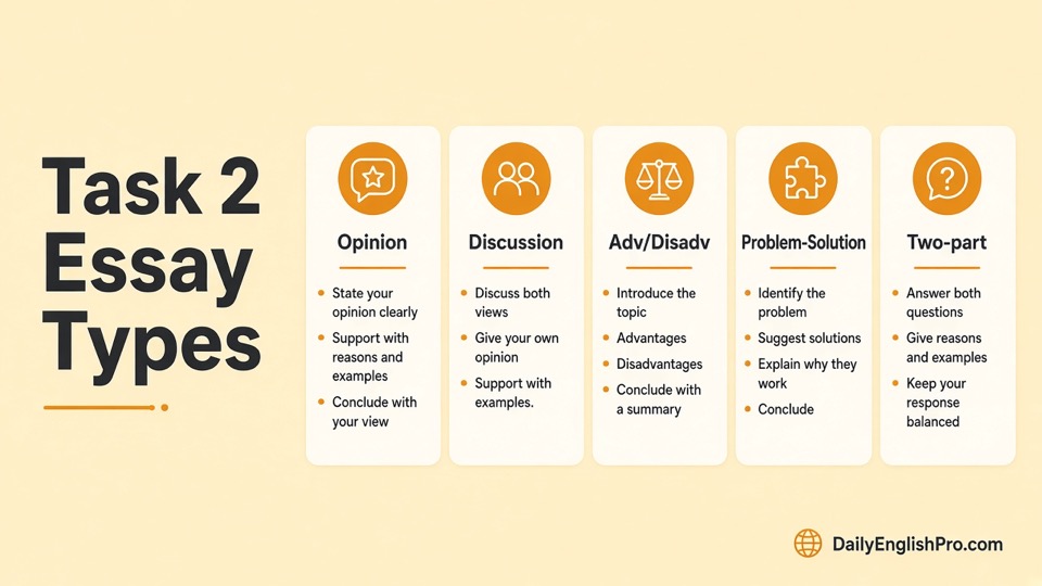 IELTS Task 2 essay types overview: opinion, discussion, advantages disadvantages, problem solution, two-part